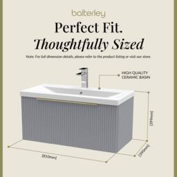 Balterley Fluted Front Wall Hung 1 Drawer Vanity Basin Unit, Satin Grey, 800mm in Grey - thumbnail 5