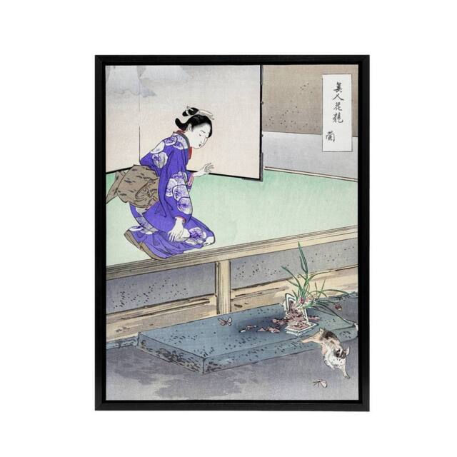 "Artery8 Orchid Broken Plant Pot & Cat Framed Canvas Wall Art Print Ogata Gekko in Purple - Size: W12"" x H16""" - image 1