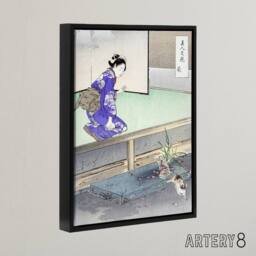 "Artery8 Orchid Broken Plant Pot & Cat Framed Canvas Wall Art Print Ogata Gekko in Purple - Size: W12"" x H16""" - thumbnail 2