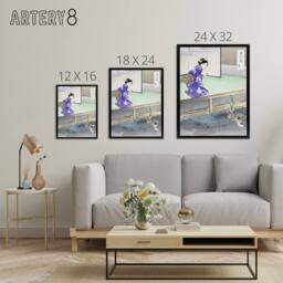 "Artery8 Orchid Broken Plant Pot & Cat Framed Canvas Wall Art Print Ogata Gekko in Purple - Size: W12"" x H16""" - thumbnail 4