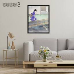"Artery8 Orchid Broken Plant Pot & Cat Framed Canvas Wall Art Print Ogata Gekko in Purple - Size: W12"" x H16""" - thumbnail 3