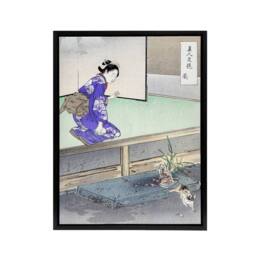 "Artery8 Orchid Broken Plant Pot & Cat Framed Canvas Wall Art Print Ogata Gekko in Purple - Size: W12"" x H16""" - thumbnail 1