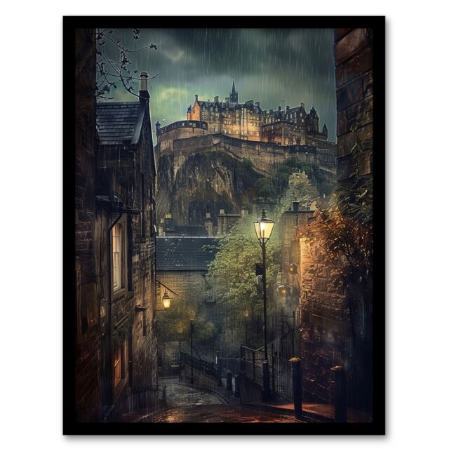 "Artery8 Edinburgh Castle Atmospheric Scotland Night Rain Framed Art Print in Brown - Size: W12"" x H16""" - image 1