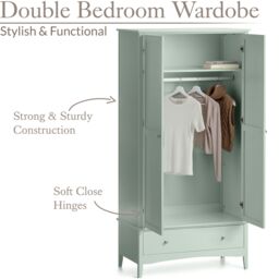 Christow Sage Double Wardrobe with Drawer 2 Door Bedroom Storage Furniture Cupboard in Light Green - thumbnail 3