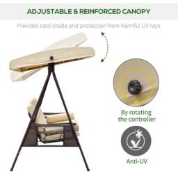 OUTSUNNY 3 Seat Garden Swing Chair Patio Steel Swing Bench w/ Cup Trays in Beige - thumbnail 4