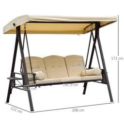 OUTSUNNY 3 Seat Garden Swing Chair Patio Steel Swing Bench w/ Cup Trays in Beige - thumbnail 3