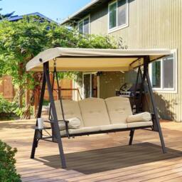 OUTSUNNY 3 Seat Garden Swing Chair Patio Steel Swing Bench w/ Cup Trays in Beige - thumbnail 1