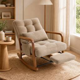 STILVORA Rocking Chair with Adjustable Footrest & Side Pocket, Comfortable Recliner Chair for Living Room in Khaki