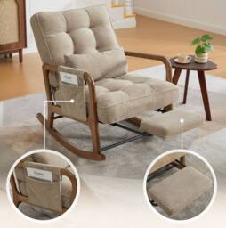 STILVORA Rocking Chair with Adjustable Footrest & Side Pocket, Comfortable Recliner Chair for Living Room in Khaki - thumbnail 9