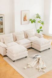 Living and Home 4-Seater Chenille Upholstered Sectional Sofa with Pillows in White - thumbnail 2