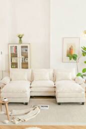 Living and Home 4-Seater Chenille Upholstered Sectional Sofa with Pillows in White - thumbnail 1