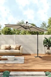 Living and Home Outdoor 32 LED Lighted Patio Umbrella with Crank Lift System with Base in Beige - thumbnail 3