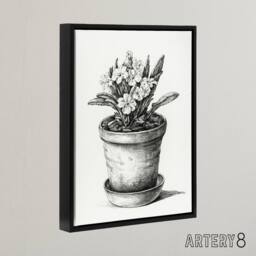 "Artery8 Potted Flowering Plant Pencil Drawing Bernard Framed Canvas Wall Art in White - Size: W12"" x H16""" - thumbnail 2