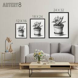 "Artery8 Potted Flowering Plant Pencil Drawing Bernard Framed Canvas Wall Art in White - Size: W12"" x H16""" - thumbnail 4