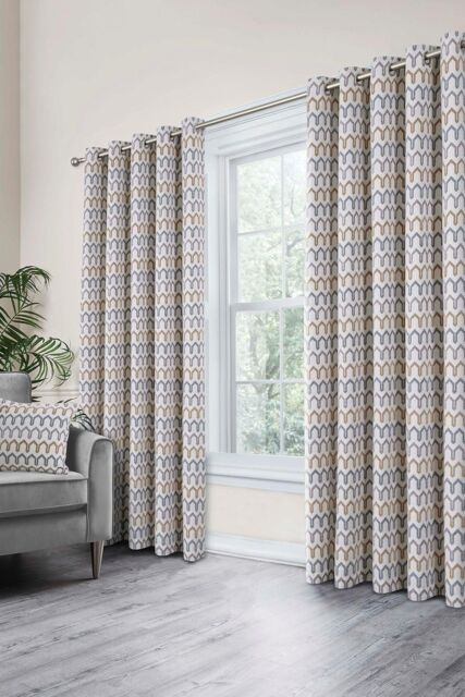 Curtina 'Arcadia' Woven Geometric Chenille Pair of Eyelet Curtains in Natural - Size: 168 cm width x 229 cm drop - image 1
