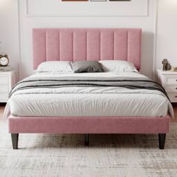 Merax 4ft6 Double Velvet Bed with Adjustable Channel-Tufted Headboard in Pink - thumbnail 3