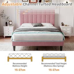 Merax 4ft6 Double Velvet Bed with Adjustable Channel-Tufted Headboard in Pink - thumbnail 5