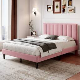 Merax 4ft6 Double Velvet Bed with Adjustable Channel-Tufted Headboard in Pink - thumbnail 2