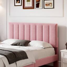 Merax 4ft6 Double Velvet Bed with Adjustable Channel-Tufted Headboard in Pink - thumbnail 4