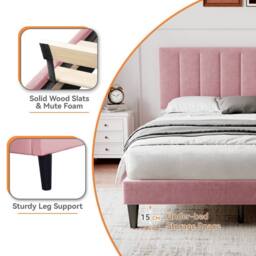 Merax 4ft6 Double Velvet Bed with Adjustable Channel-Tufted Headboard in Pink - thumbnail 7