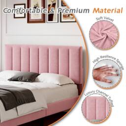 Merax 4ft6 Double Velvet Bed with Adjustable Channel-Tufted Headboard in Pink - thumbnail 6