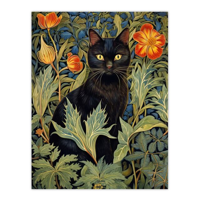 "Artery8 Wall Art Print Black Cat In Wildflower Field Stylised Painting Teal Green Orange Floral Animal Portrait Poster - Size: W18"" x H24""" - image 1