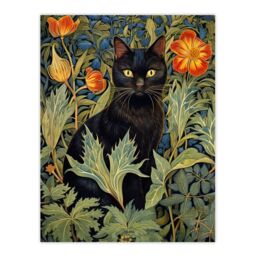 "Artery8 Wall Art Print Black Cat In Wildflower Field Stylised Painting Teal Green Orange Floral Animal Portrait Poster - Size: W18"" x H24""" - thumbnail 1