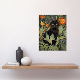 "Artery8 Wall Art Print Black Cat In Wildflower Field Stylised Painting Teal Green Orange Floral Animal Portrait Poster - Size: W18"" x H24""" - thumbnail 4