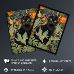 "Artery8 Wall Art Print Black Cat In Wildflower Field Stylised Painting Teal Green Orange Floral Animal Portrait Poster - Size: W18"" x H24""" - thumbnail 2
