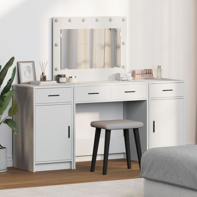 Berkfield Home 3-Piece Dressing Table Set with LED, White Engineered Wood - image 1