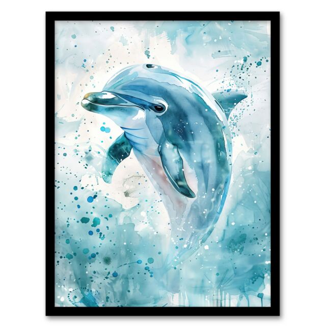 "Artery8 Dolphin Wave Jump Watercolour Light Blue Sea Framed Art Print - Size: W12"" x H16""" - image 1