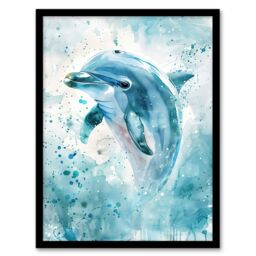 "Artery8 Dolphin Wave Jump Watercolour Light Blue Sea Framed Art Print - Size: W12"" x H16""" - thumbnail 1