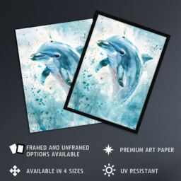 "Artery8 Dolphin Wave Jump Watercolour Light Blue Sea Framed Art Print - Size: W12"" x H16""" - thumbnail 2