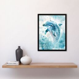 "Artery8 Dolphin Wave Jump Watercolour Light Blue Sea Framed Art Print - Size: W12"" x H16""" - thumbnail 4