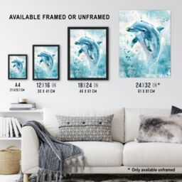 "Artery8 Dolphin Wave Jump Watercolour Light Blue Sea Framed Art Print - Size: W12"" x H16""" - thumbnail 3
