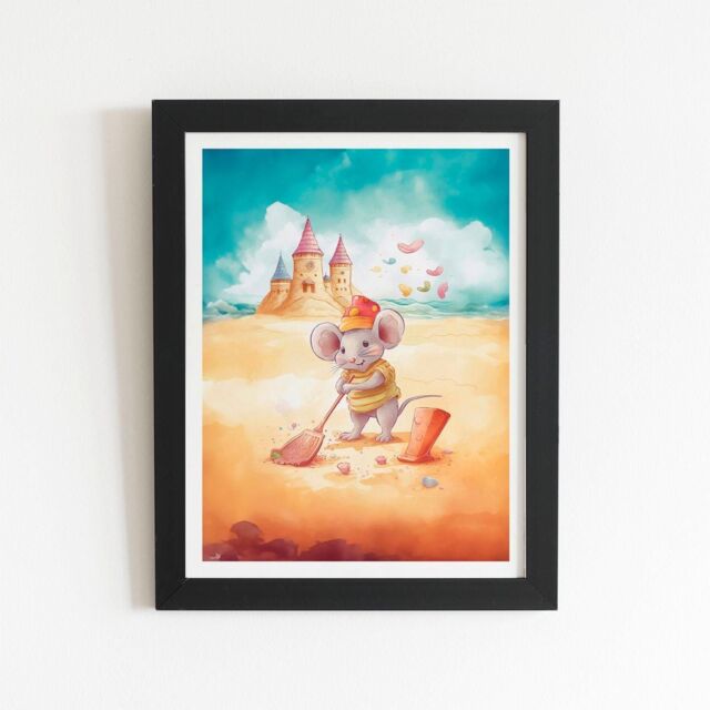 "Warren Reed - Designer Mouse On A Beach Holiday Framed Art Print in Black - Size: W12"" x H16""" - image 1