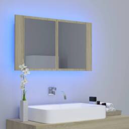 Berkfield Home LED Bathroom Mirror Cabinet Sonoma Oak 80x12x45 cm in Brown - Size: 80 x 12 x 45 cm - thumbnail 3