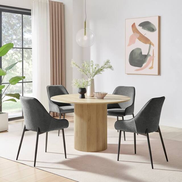FurnitureboxUK Penrose Oak Effect Round Dining Table & 4 Beaumont Chairs in Grey - image 1
