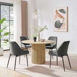 FurnitureboxUK Penrose Oak Effect Round Dining Table & 4 Beaumont Chairs in Grey - thumbnail 1