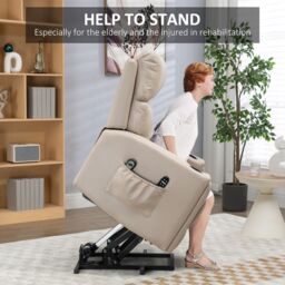 HOMCOM Riser & Recliner Chair with Vibration Massage Heat Cup Holder in Beige - thumbnail 4