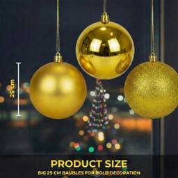 Shatchi Set of 3 - 25cm Christmas Baubles (Glossy, Matte, Glitter) Décor Pack in Gold - thumbnail 5