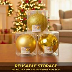 Shatchi Set of 3 - 25cm Christmas Baubles (Glossy, Matte, Glitter) Décor Pack in Gold - thumbnail 9
