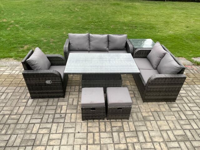 Fimous Outdoor Rattan Furniture Garden Dining Set Patio Table Reclining Chair Sofa With Side Table 2 Small Footstools Dark Grey Mixed - image 1