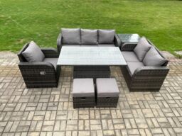 Fimous Outdoor Rattan Furniture Garden Dining Set Patio Table Reclining Chair Sofa With Side Table 2 Small Footstools Dark Grey Mixed - thumbnail 2