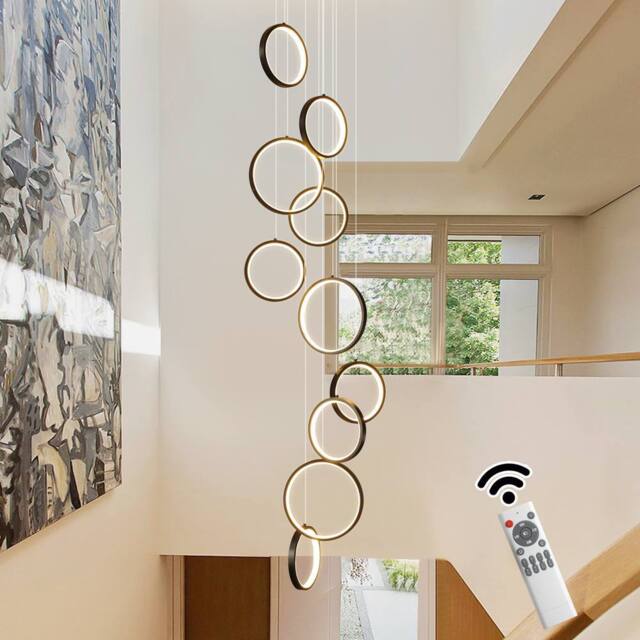 NIVOR Dimmable High Ceiling Chandelier with Remote 10 Ring LED Black Pendant - image 1