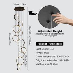 NIVOR Dimmable High Ceiling Chandelier with Remote 10 Ring LED Black Pendant - thumbnail 2