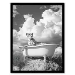 Artery8 Cheetah in Bathtub Black White Desert Surreal Framed Art Print in Grey - Size: A4 - thumbnail 1