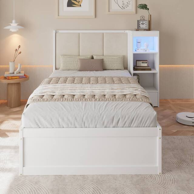 Merax 3FT Single Side Lift Ottoman Bed with LED Storage Cabinet, Wooden Bed in White - image 1
