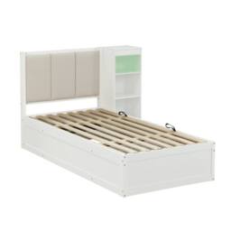 Merax 3FT Single Side Lift Ottoman Bed with LED Storage Cabinet, Wooden Bed in White - thumbnail 9