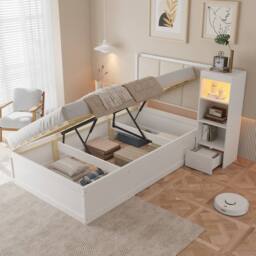 Merax 3FT Single Side Lift Ottoman Bed with LED Storage Cabinet, Wooden Bed in White - thumbnail 2